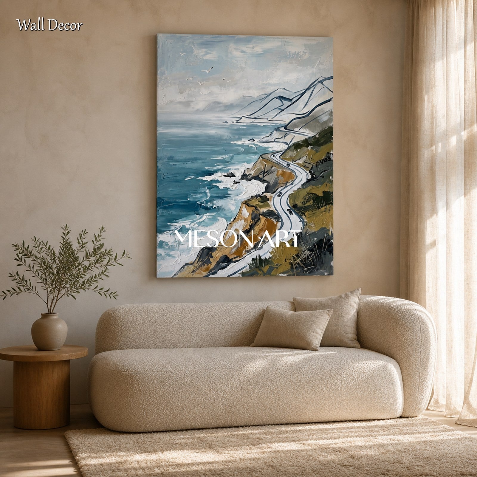 Blue And White Landscape Painting Modern Coastal Mountain Art Rectangular Wall Decor Original Artist By Mesonart