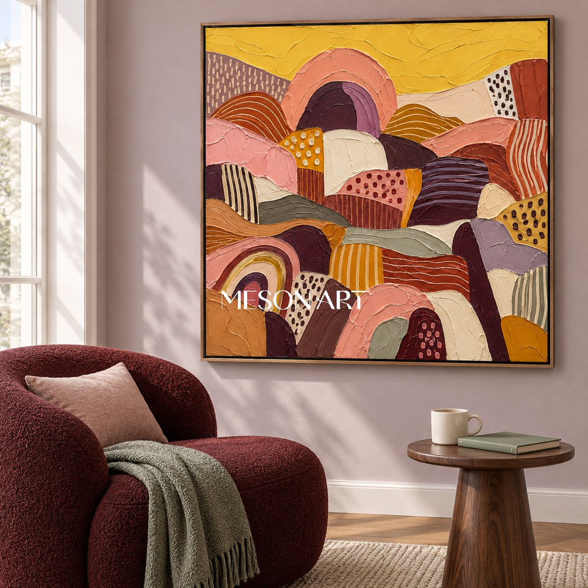 Gold And Pink Abstract Landscape Painting Original Hand Painted Square Wall Art For Living Room By Mesonart