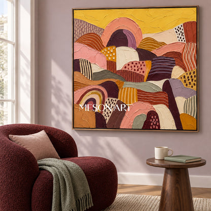 Gold And Pink Abstract Landscape Painting Original Hand Painted Square Wall Art For Living Room By Mesonart