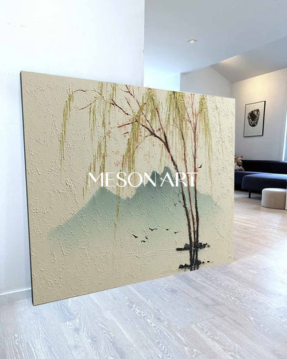 Willow Tree Landscape Painting on Canvas – Hand-Painted Wall Art by Mesonart