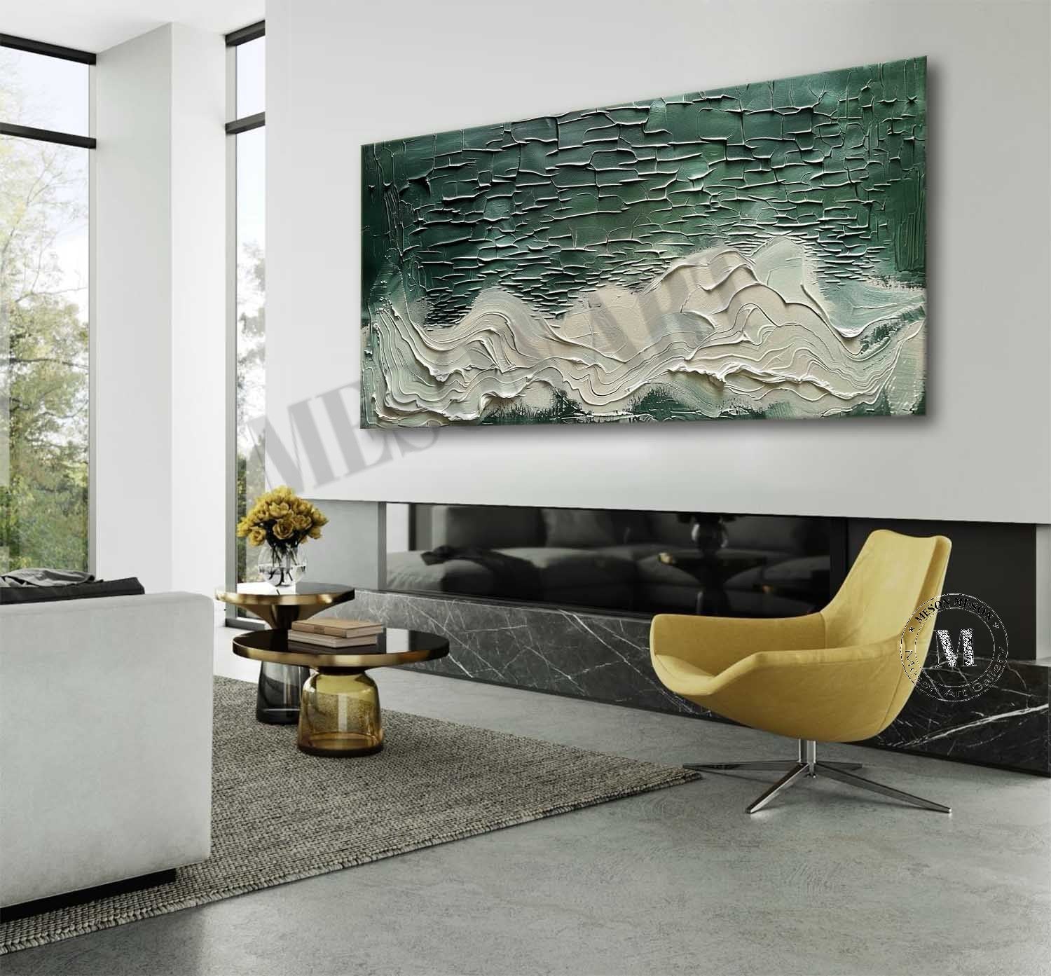 Large 3D White and Green Abstract Textured Canvas Art Green and White Abstract Wall Art for Sale