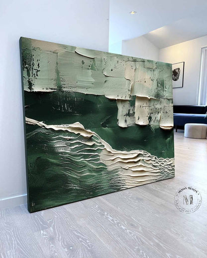 Large White and Green Abstract Wall Art for Sale White Minimalist Textured Canvas Painting