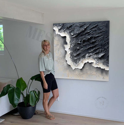 3D Black and White Wave Art Black and White Abstract Textured Canvas Wall Painting