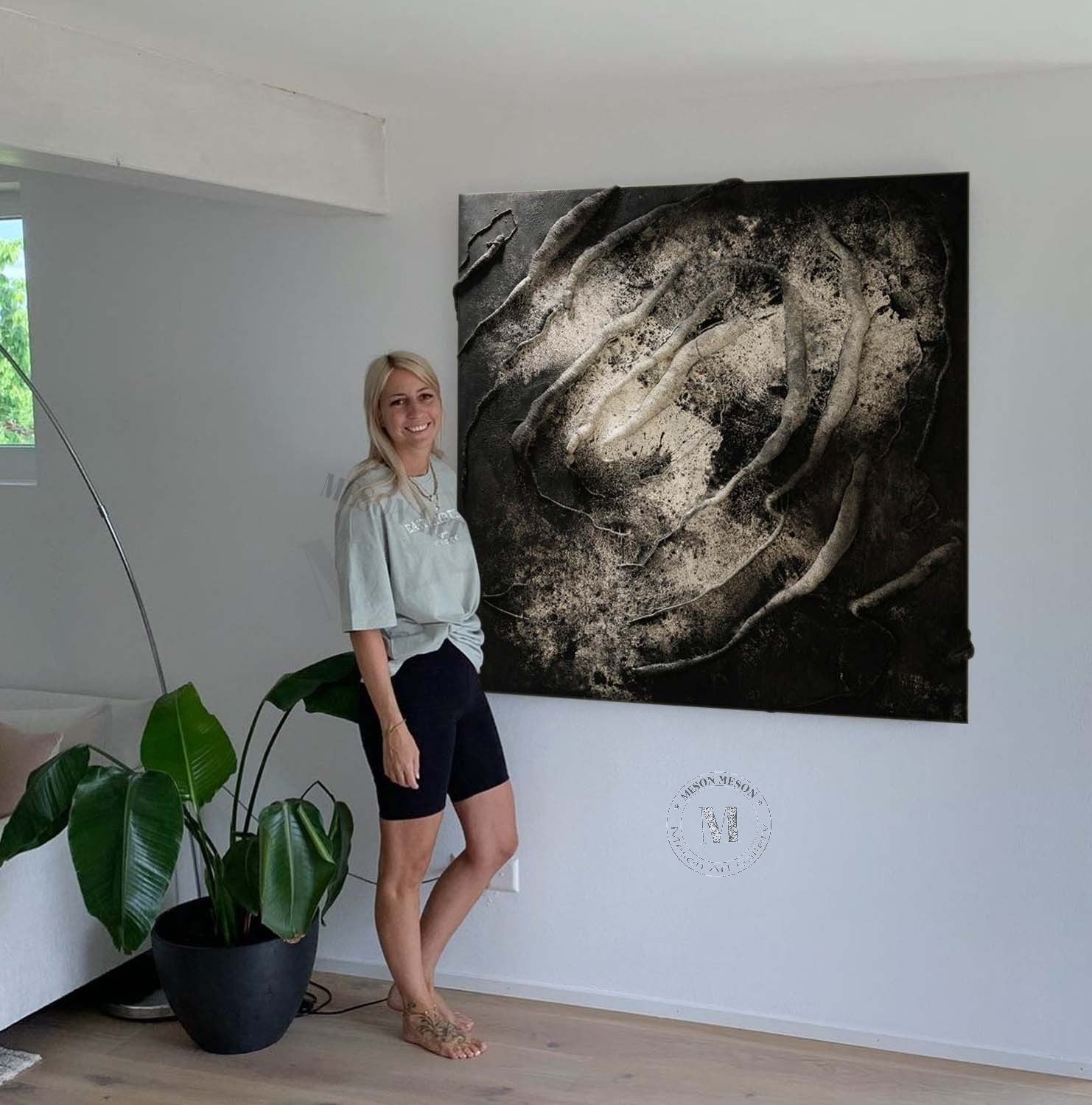 Large 3D Black Minimalist Textured Painting for Sale Black Textured Canvas Wall Art Decor