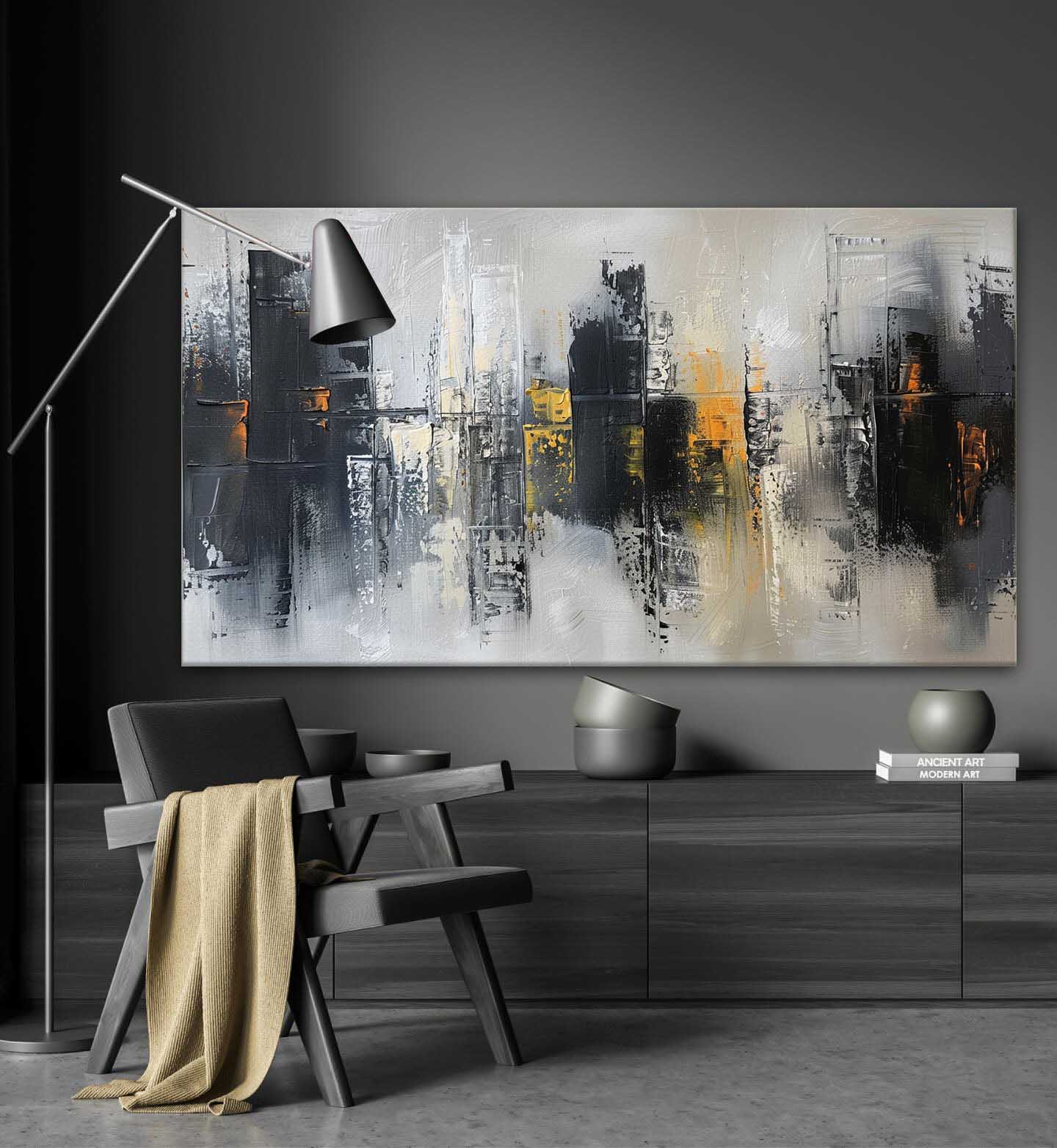 Large Grey and Black Abstract Wall Painting Grey and Black Urban Canvas Wall Art