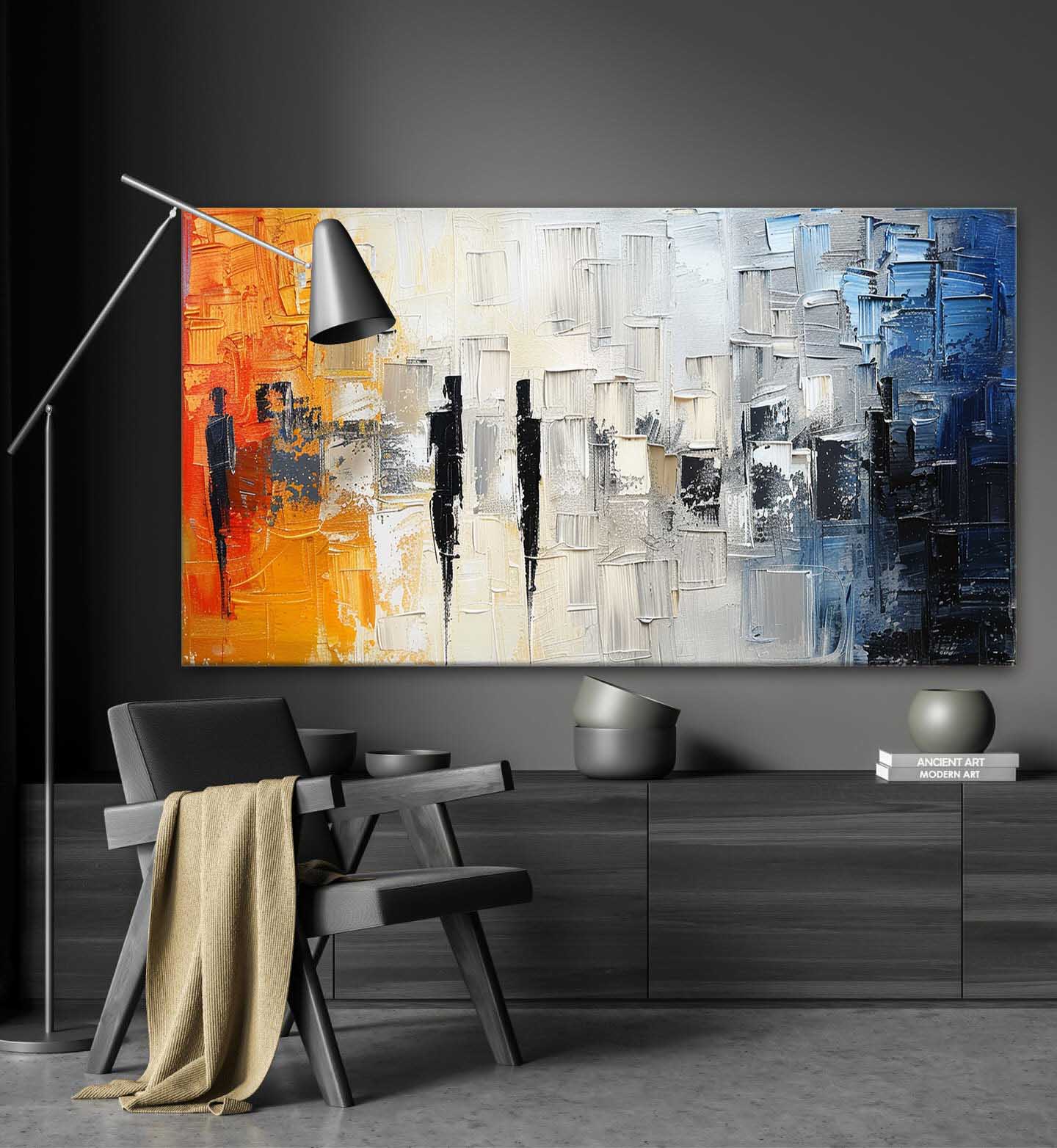 Large White and Blue Abstract Texture Painting White and Orange Urban Texture Canvas Wall Art