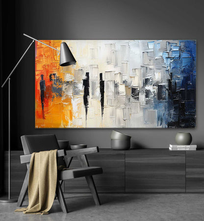 Large White and Blue Abstract Texture Painting White and Orange Urban Texture Canvas Wall Art
