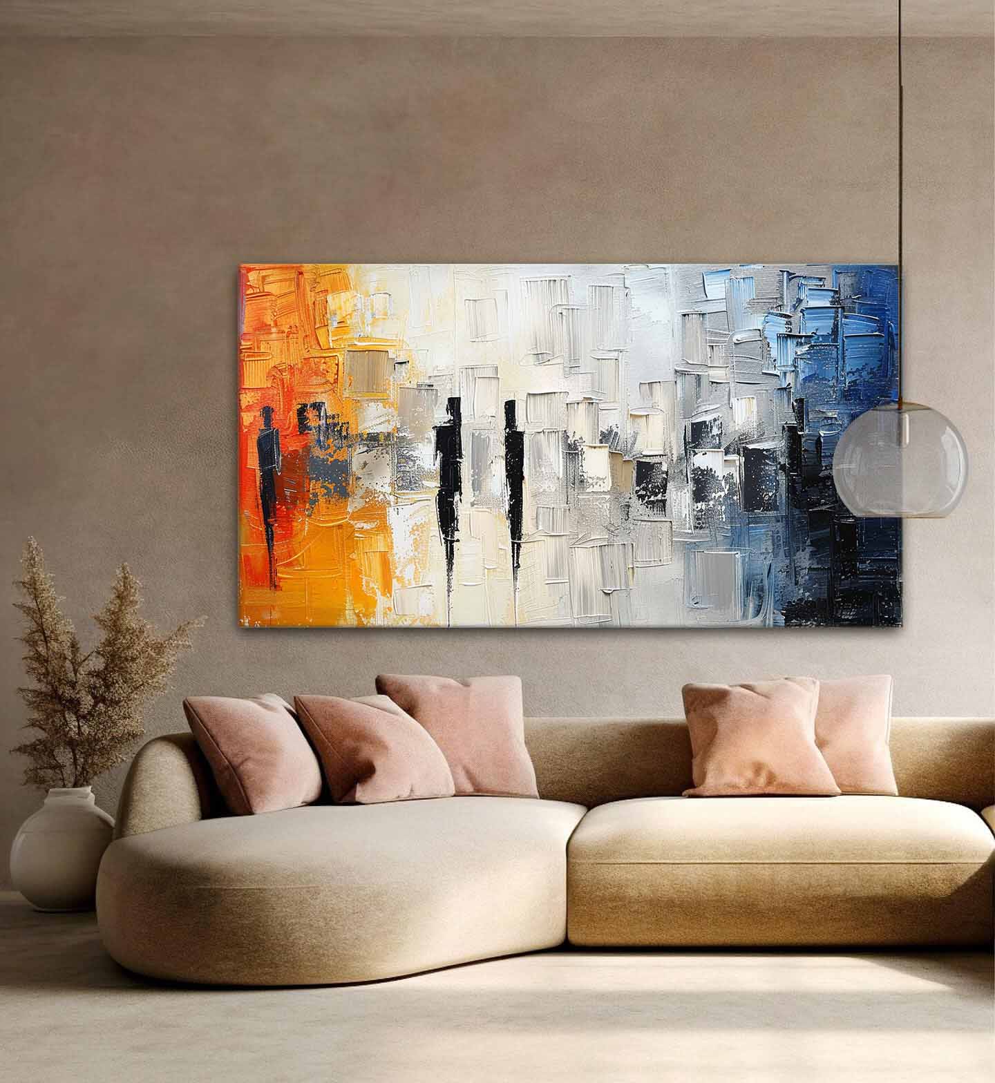 Large White and Blue Abstract Texture Painting White and Orange Urban Texture Canvas Wall Art