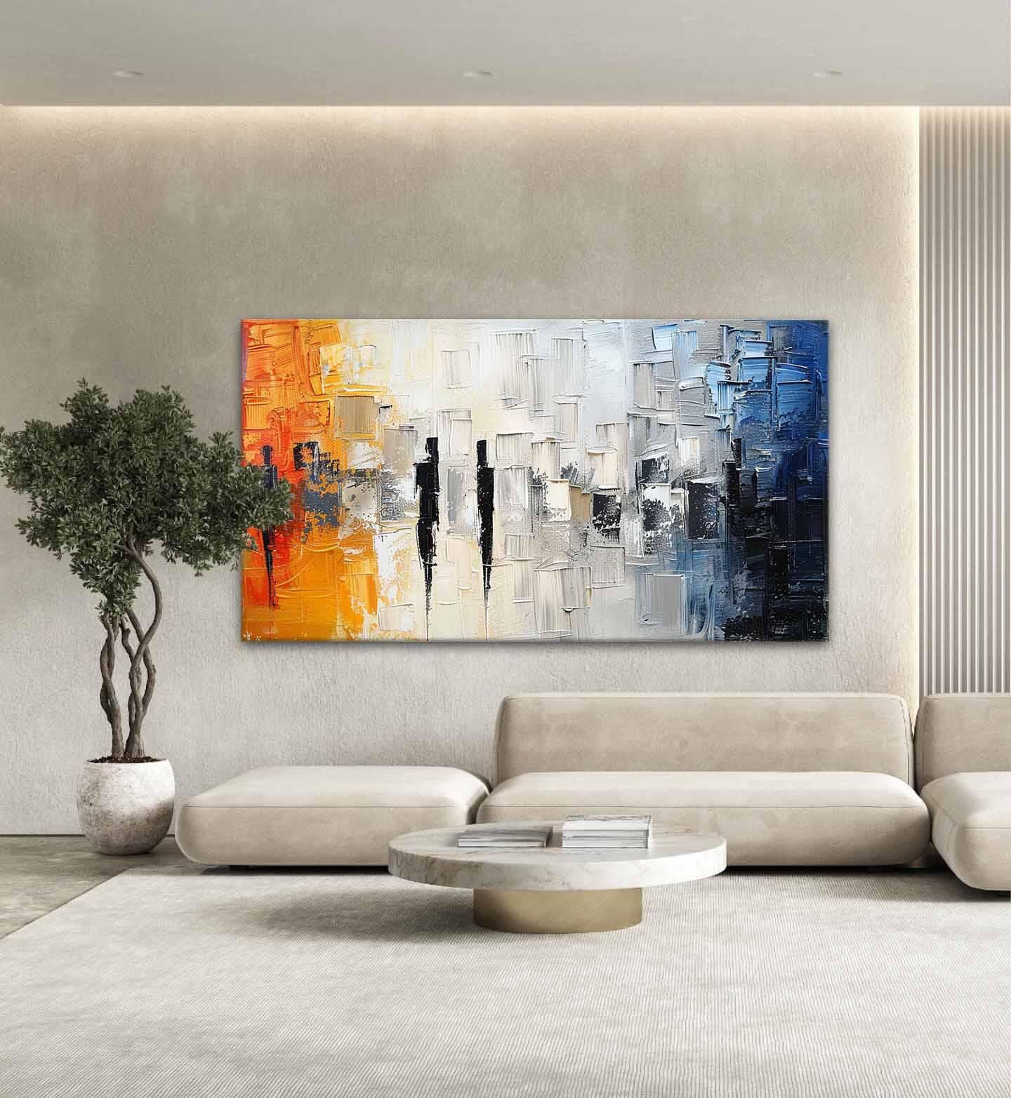 Large White and Blue Abstract Texture Painting White and Orange Urban Texture Canvas Wall Art