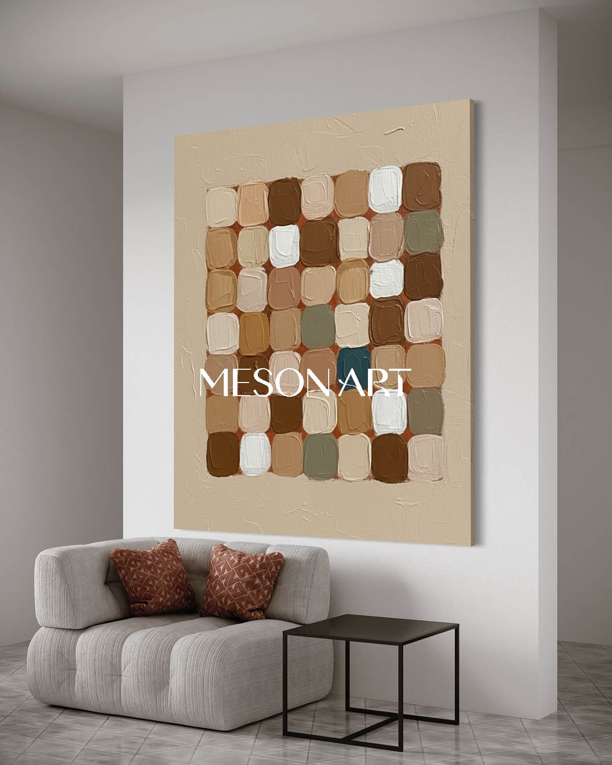 Beige Brown Abstract Geometric Canvas Framed Dining Room Wall Decor