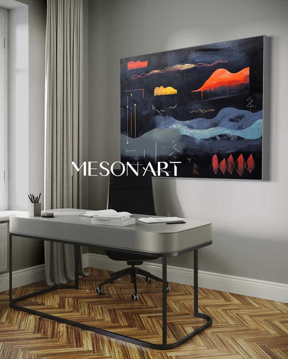 Large Dark Blue Abstract Landscape Art Dark Blue Minimalist Landscape Canvas Wall Decor