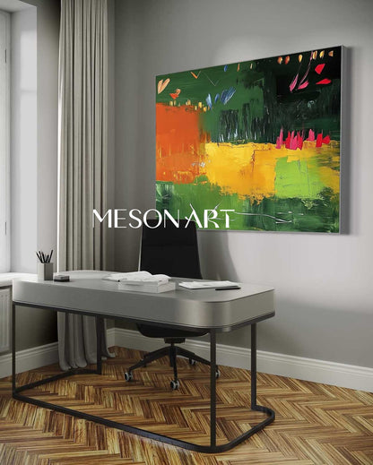 Large Green and yellow abstract canvas art for sale Green and yellow minimalist wall painting