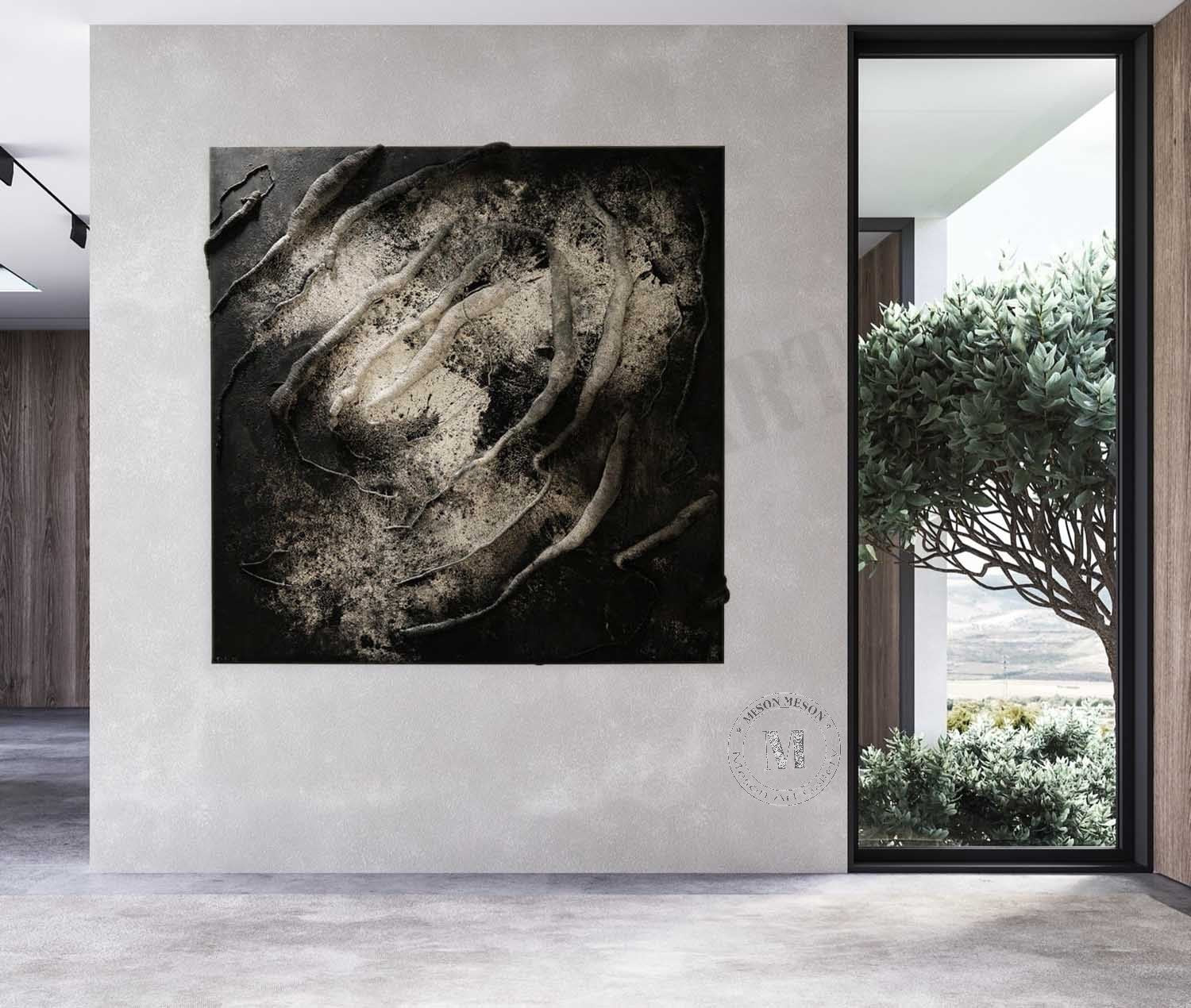 Large 3D Black Minimalist Textured Painting for Sale Black Textured Canvas Wall Art Decor