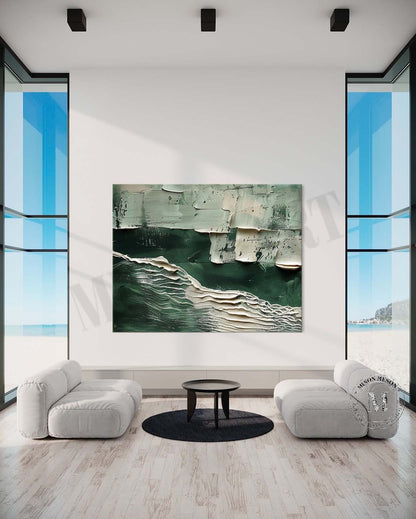 Large White and Green Abstract Wall Art for Sale White Minimalist Textured Canvas Painting
