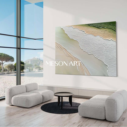 Green Beige Impasto Wave and Beach Textured Large Canvas Oil Painting