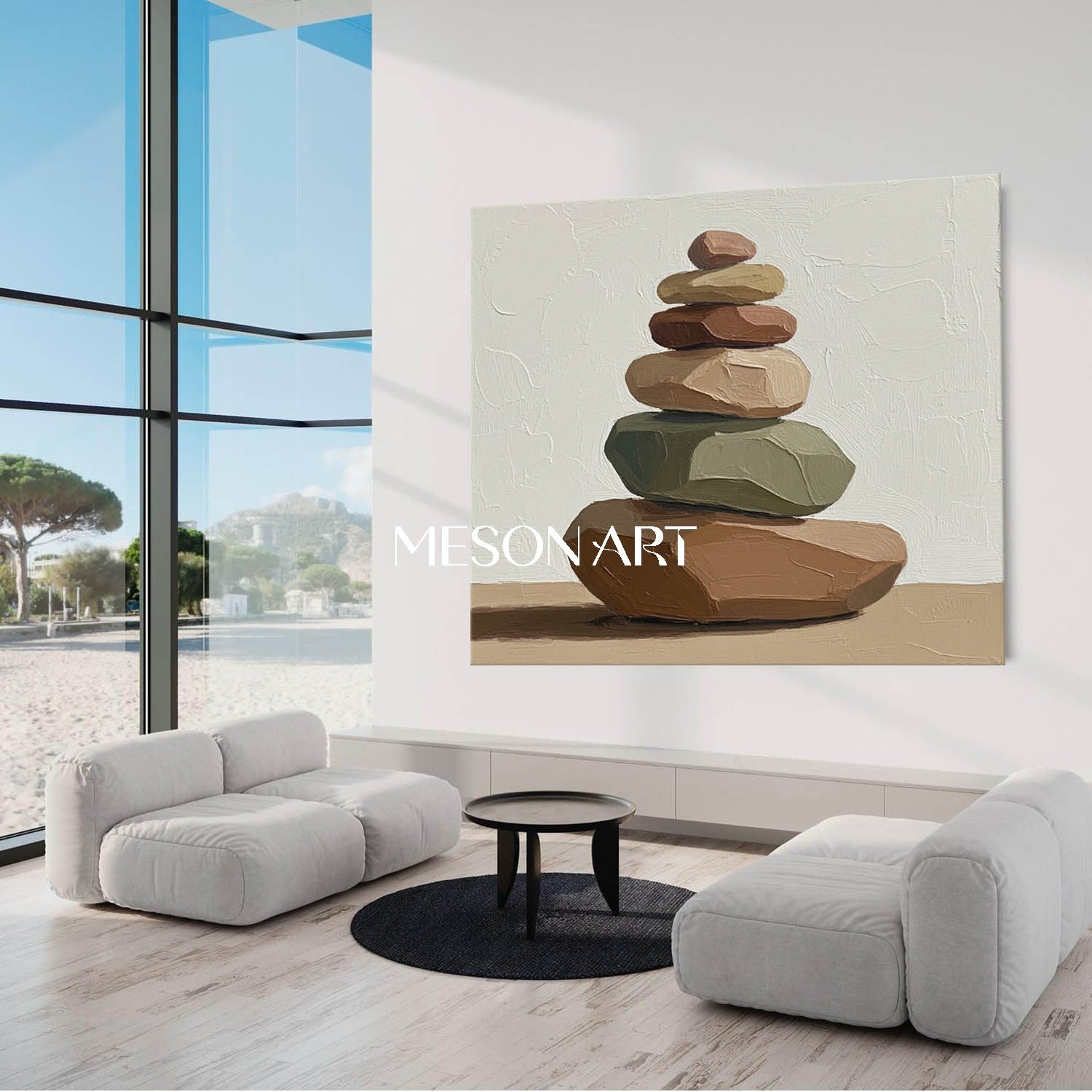 Wabi Sabi Inspired Rock Painting Beige Green for Entryway Neutral Tone