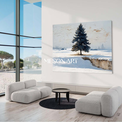 White Blue Impasto Painting Lonely Christmas Tree Winter Wall Art