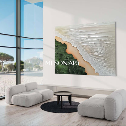 Contemporary Coastal Decor Green Beige Textured Wave Canvas Wall Art