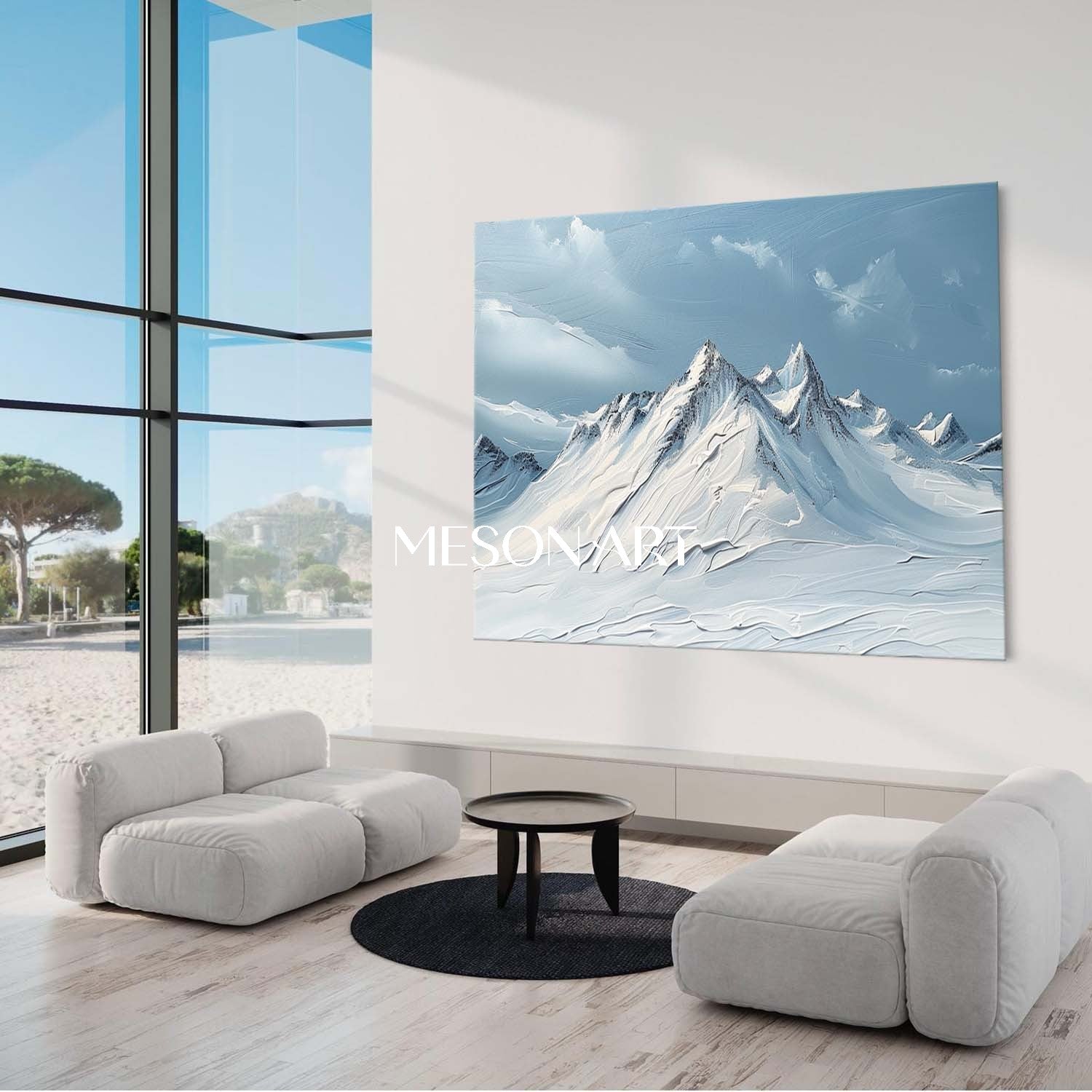 白青インパスト雪山風景抽象画ロビーアート – MesonArt