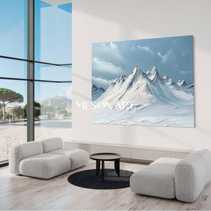 White Blue Impasto Snow Mountain Landscape Abstract Painting Lobby Art
