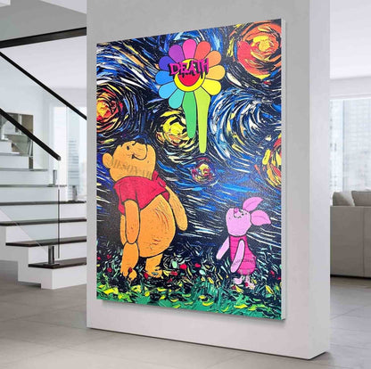 Van Gogh Starry Sky and Winnie the Pooh Abstract Graffiti Art Canvas Winnie the Pooh Pop Wall Art