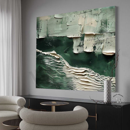 Large White and Green Abstract Wall Art for Sale White Minimalist Textured Canvas Painting