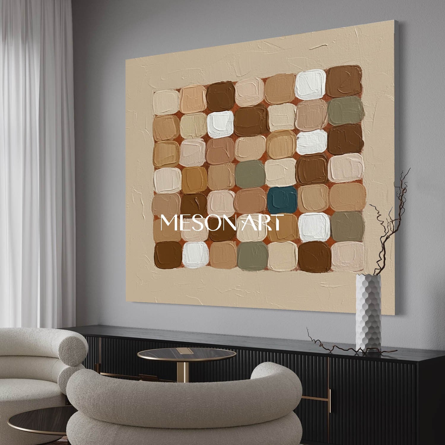 Beige Brown Abstract Geometric Canvas Framed Dining Room Wall Decor
