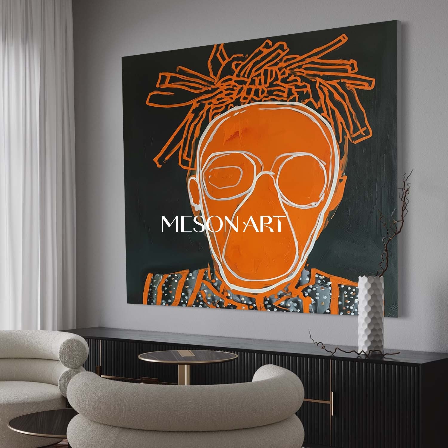 Modern Street Art Portrait Orange Textured Handmade Canvas Entryway