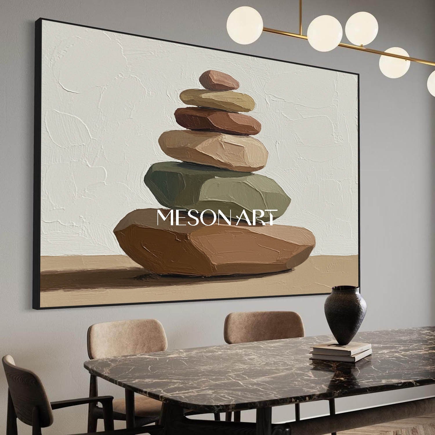 Wabi Sabi Inspired Rock Painting Beige Green for Entryway Neutral Tone