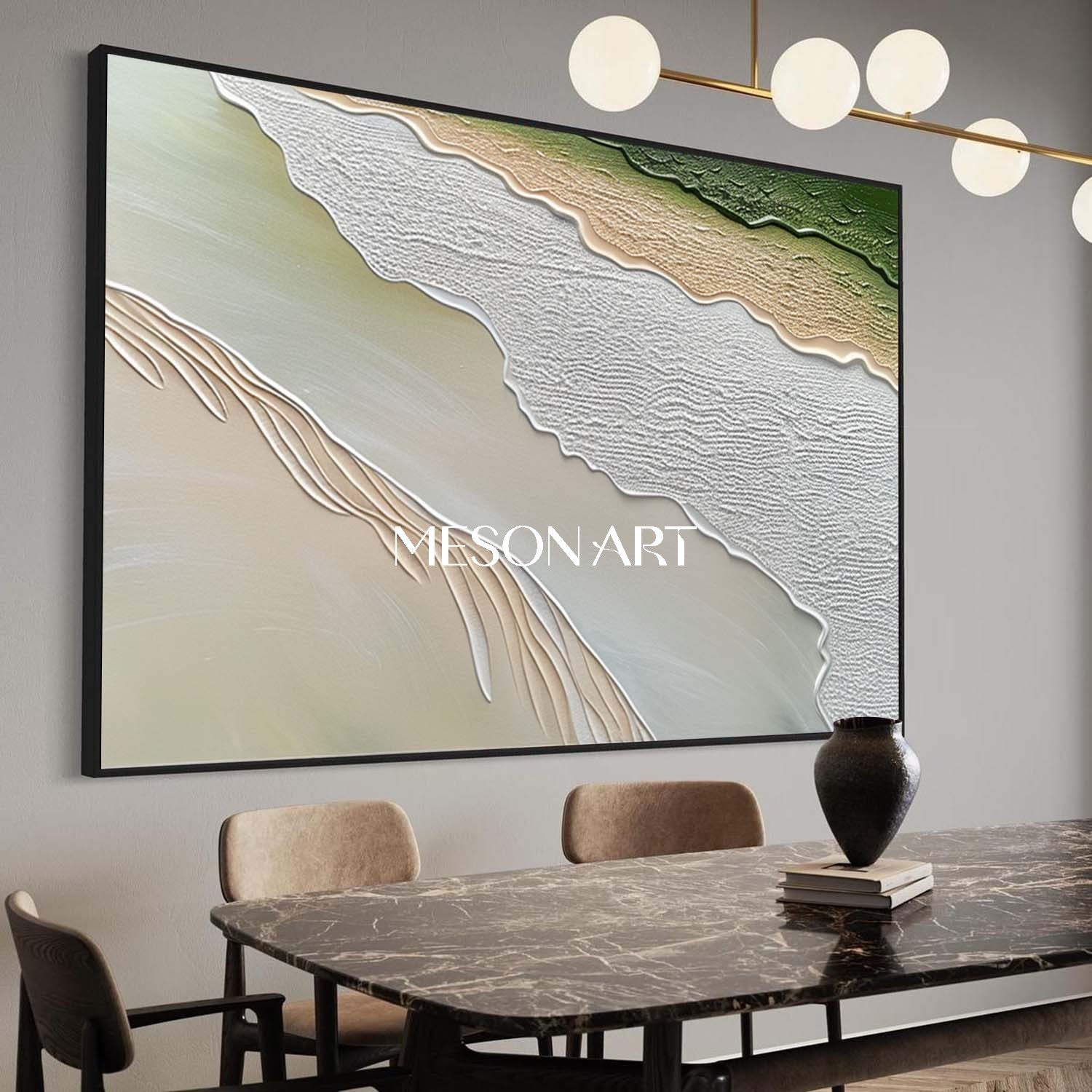 Green Beige Impasto Wave and Beach Textured Large Canvas Oil Painting