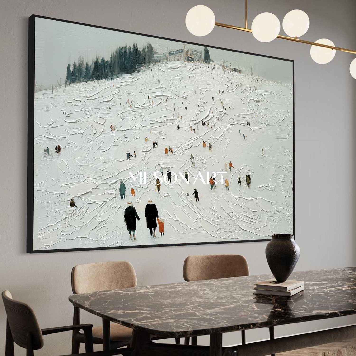 White Grey Impasto Snowscape Ski Resort Abstract Textured Painting Art