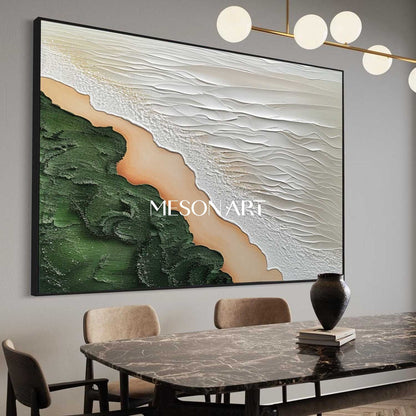 Contemporary Coastal Decor Green Beige Textured Wave Canvas Wall Art