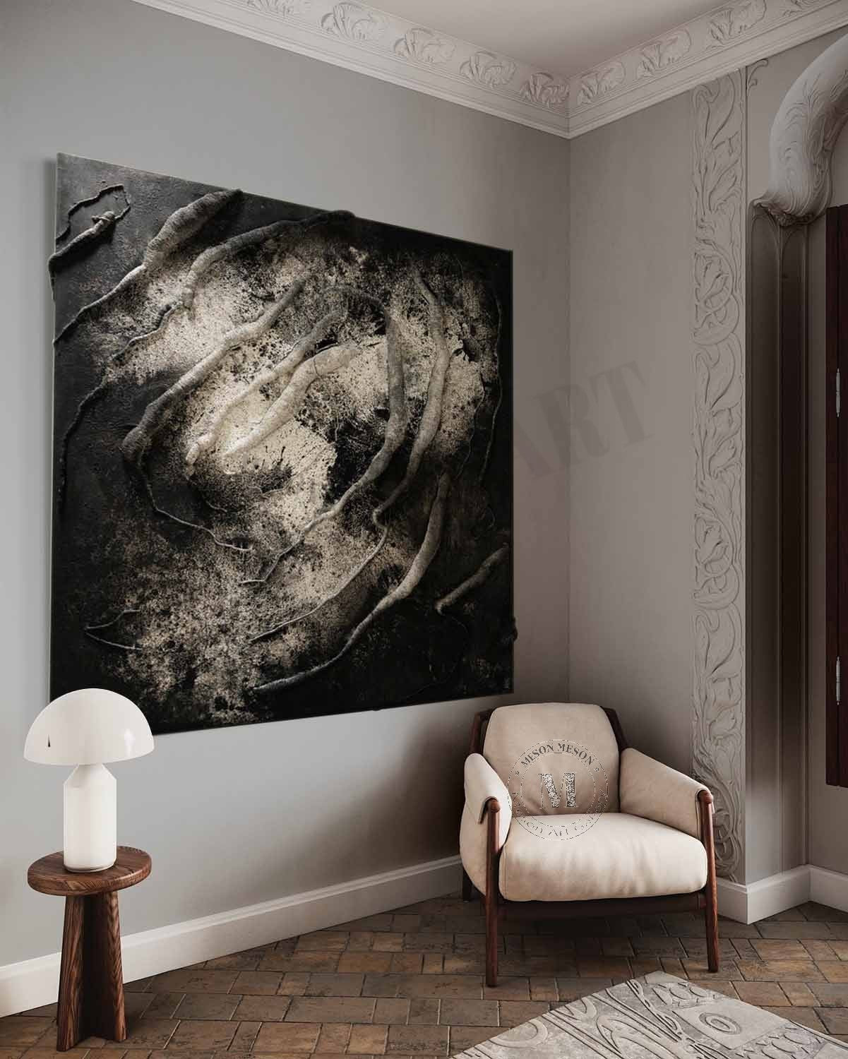 Large 3D Black Minimalist Textured Painting for Sale Black Textured Canvas Wall Art Decor