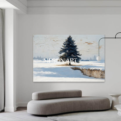 White Blue Impasto Painting Lonely Christmas Tree Winter Wall Art