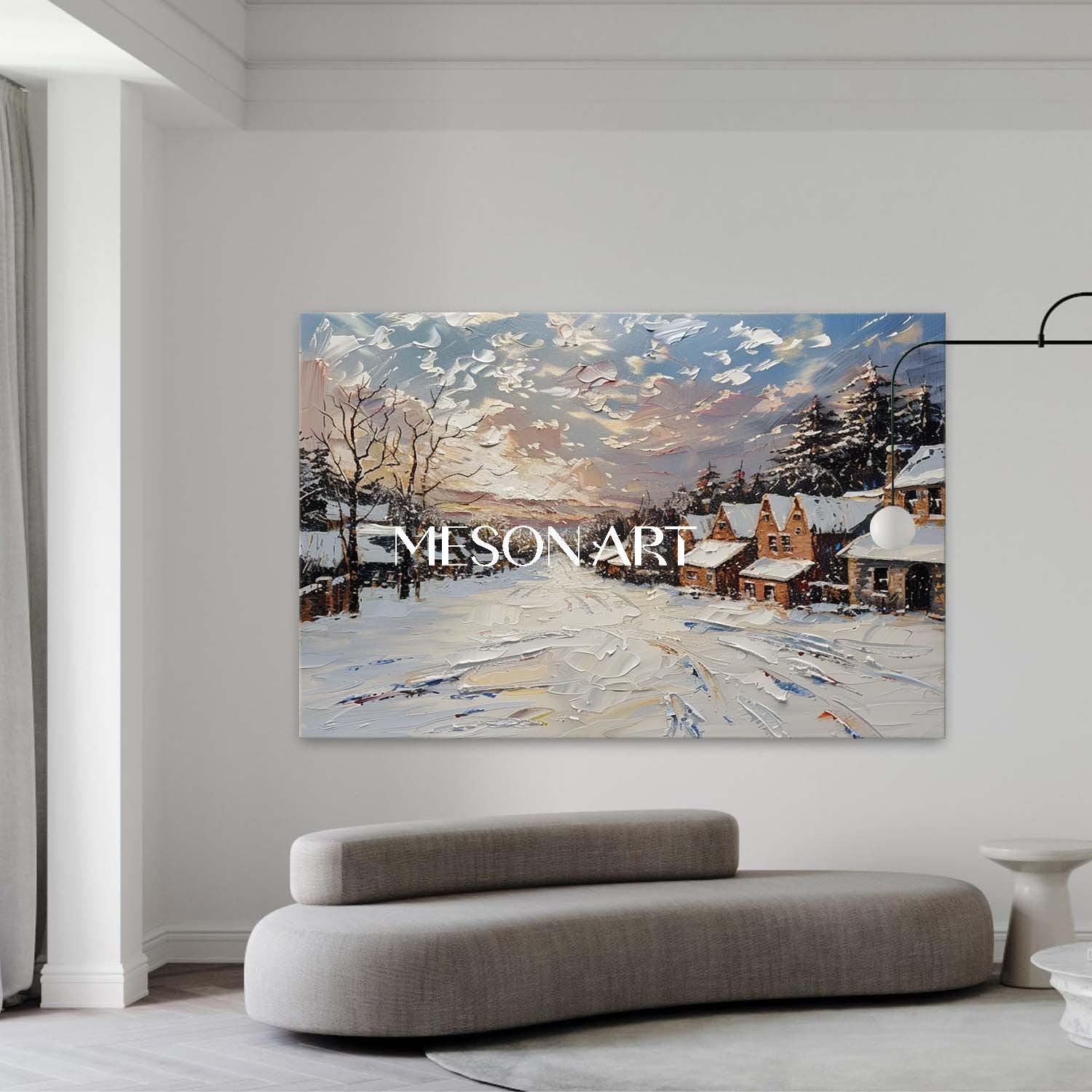 Impasto Snow Village Landscape Oil Painting Customizable Wall Decor