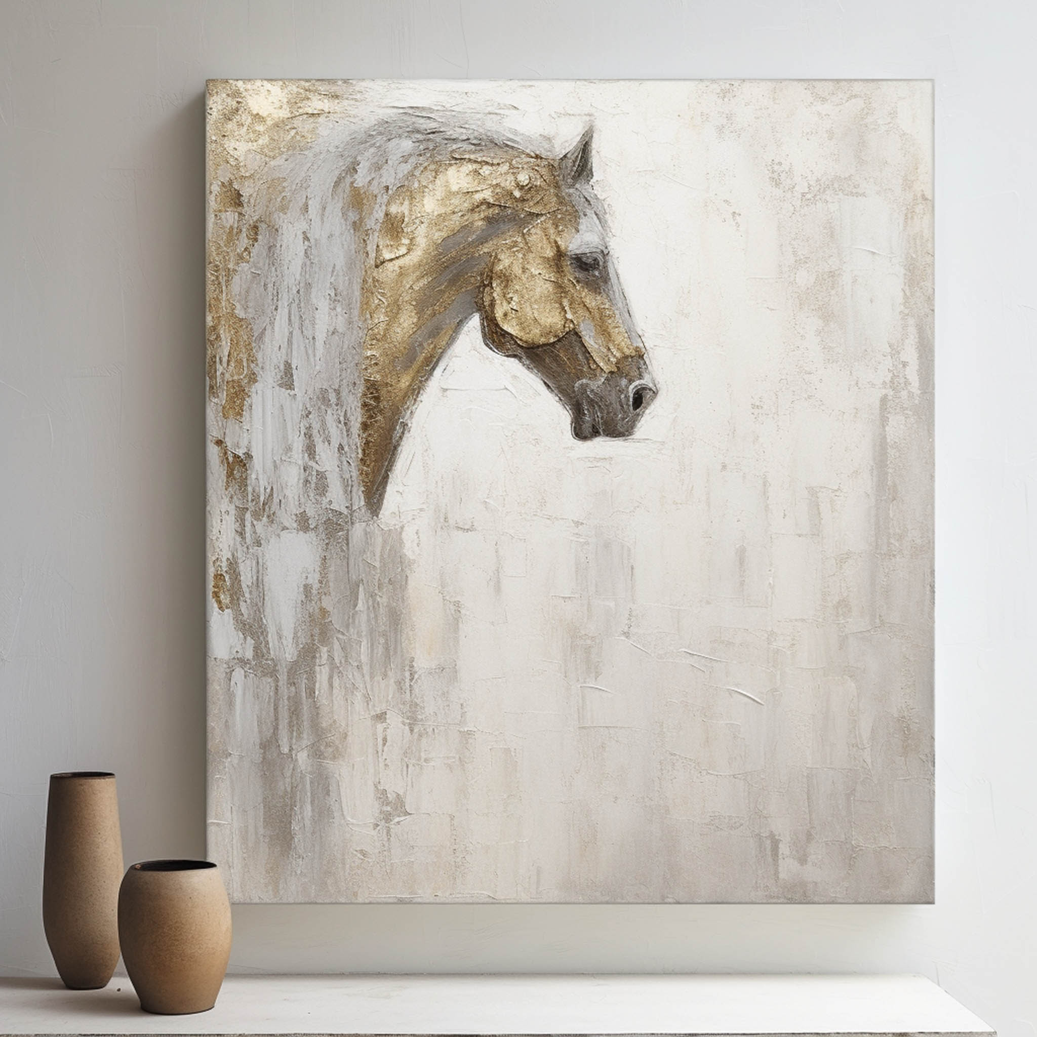 Large Horse Texture Painting Gold and Gray Horse Canvas Art Wabi-Sabi Wall Art Horse Oil Painting