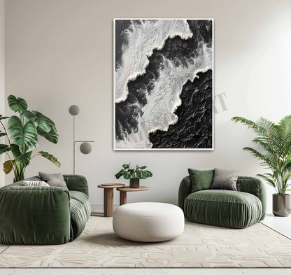 3D Black and White Ocean Texture Painting for Sale Black and White Abstract Ocean Wall Art
