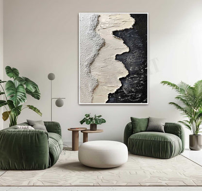 3D Black and White Ocean Waves Beach Canvas Art for Sale Black and White Texture Painting