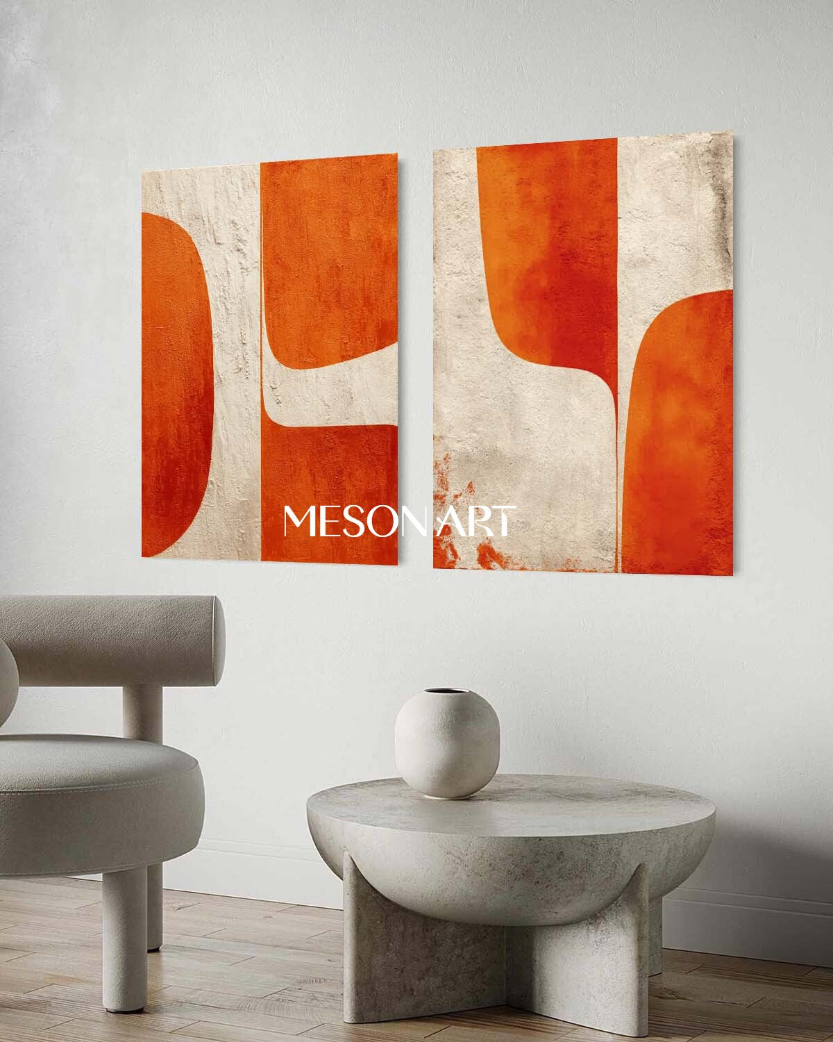 Abstract Geometric Canvas Set Orange Minimalist Wall Art for Living Room