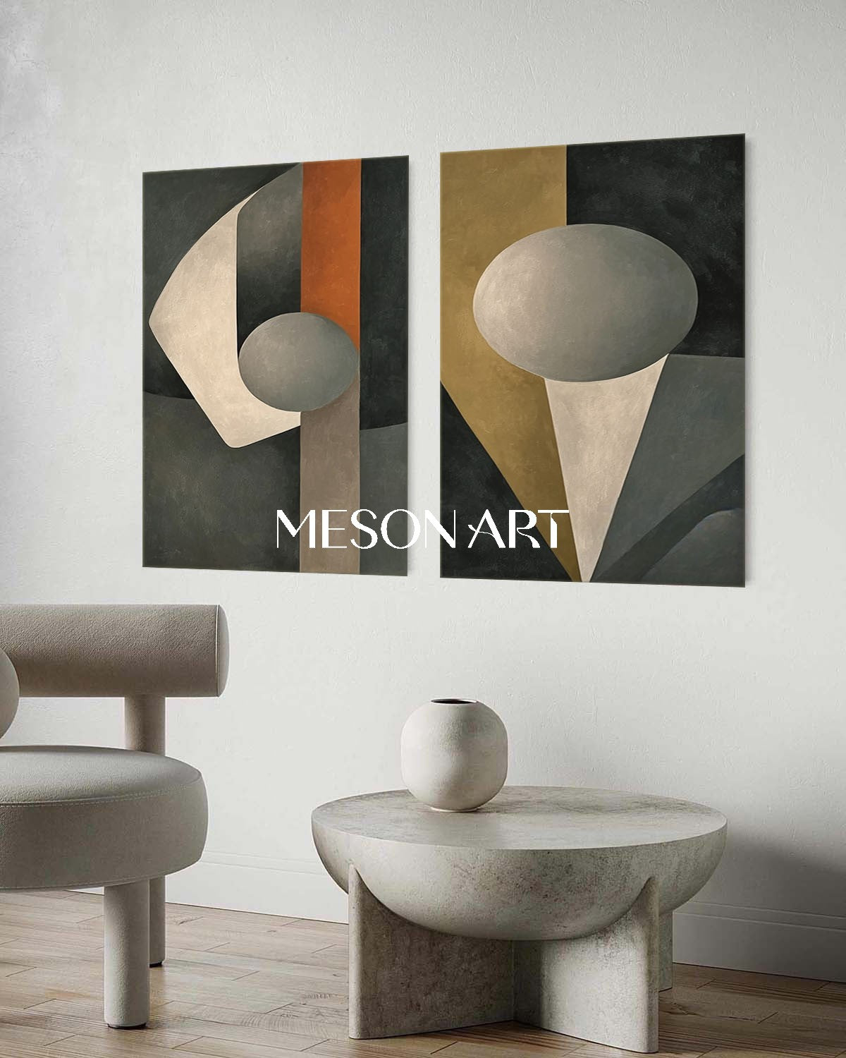Modern Abstract Geometric Oil Painting Gray Canvas Living Room Triptych