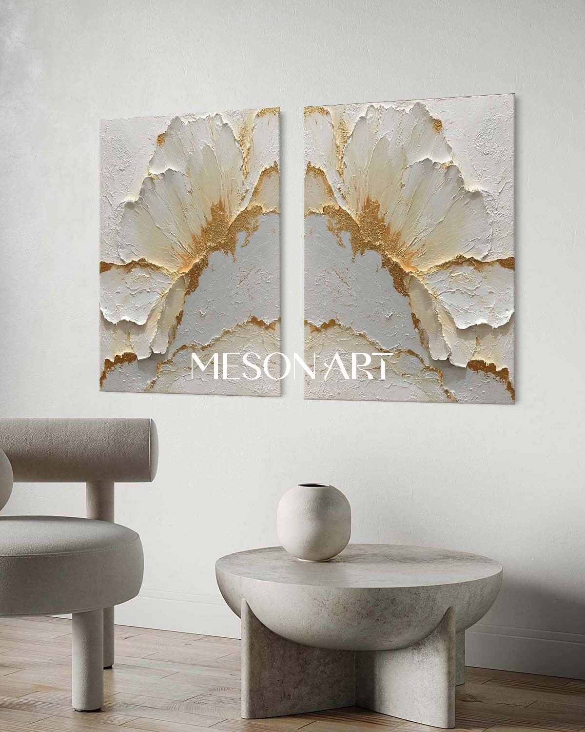 2-Piece Set White and Gold Plaster Texture Paintings for Sale, Plaster Flower Art
