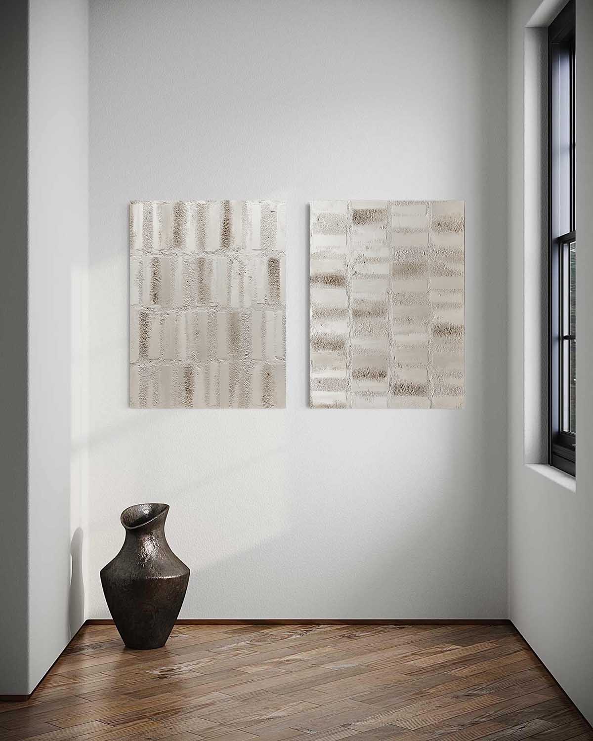 Set of 2 Large Light Grey Texture Paintings Light Grey Abstract Canvas Art Light Grey Wall Art Decor