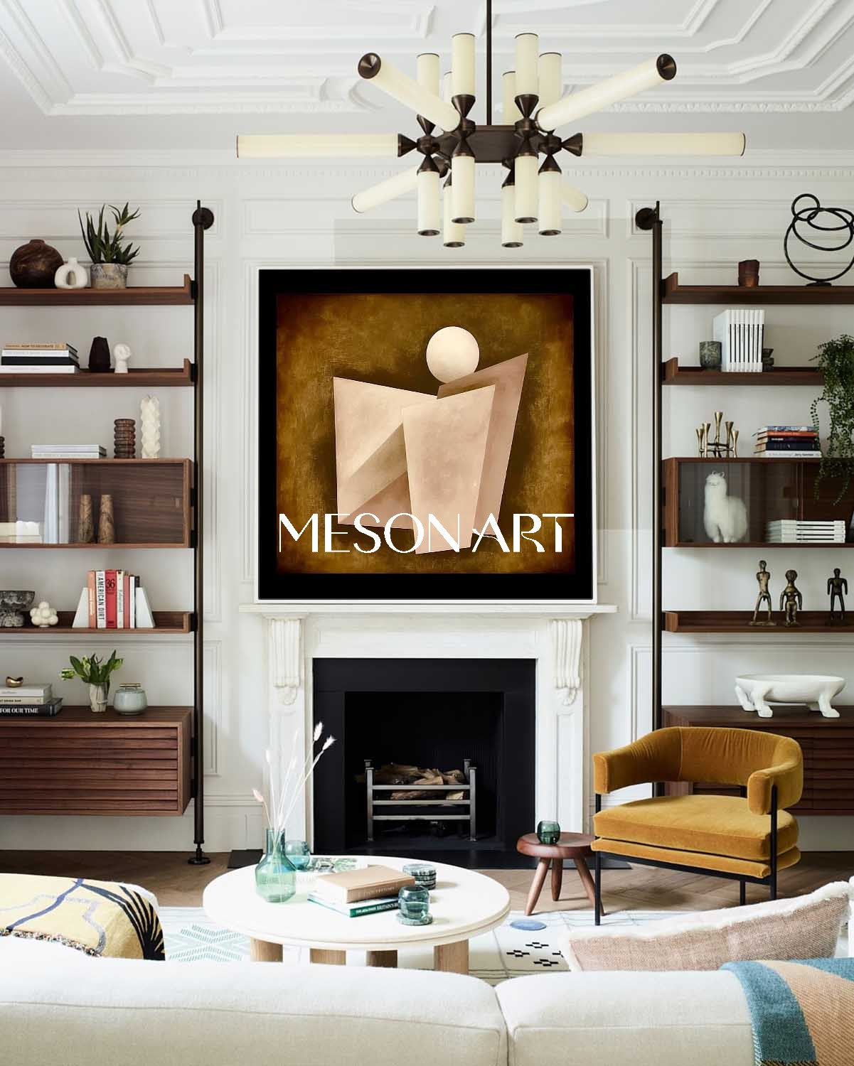 Warm Caramel Abstract Geometric Oil Painting Framed Canvas Office Buy