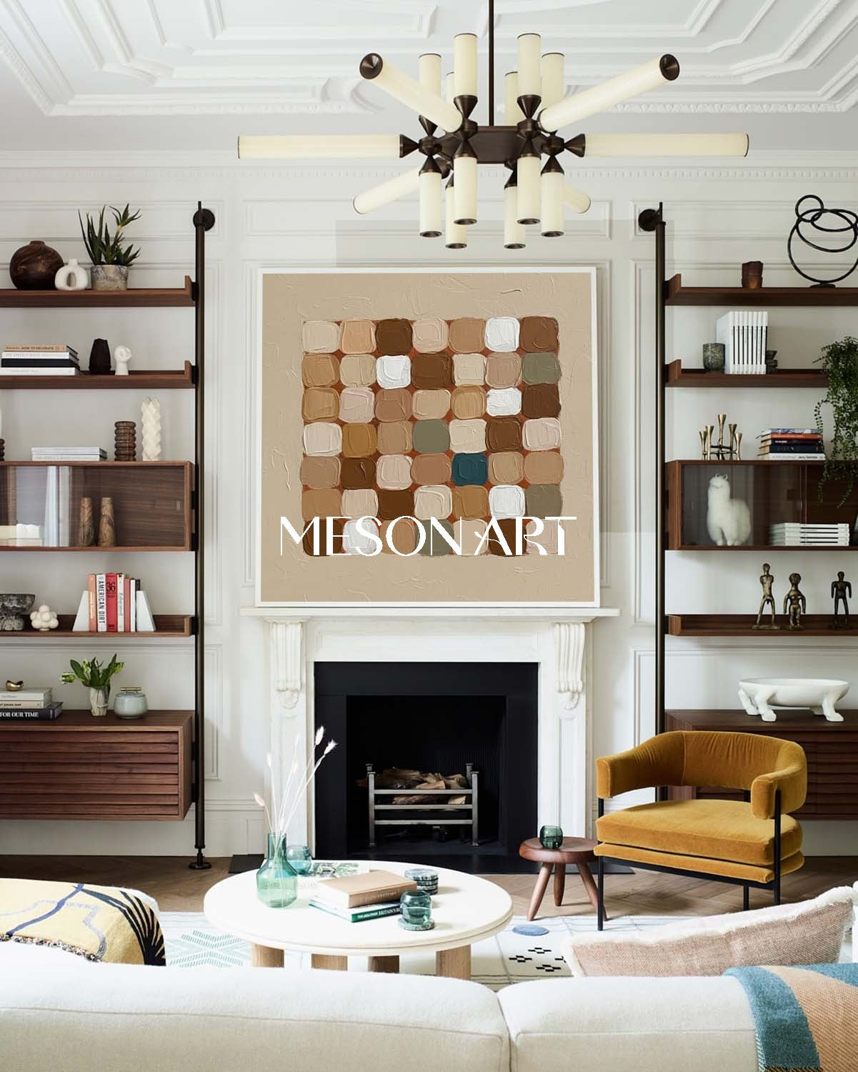 Beige Brown Abstract Geometric Canvas Framed Dining Room Wall Decor