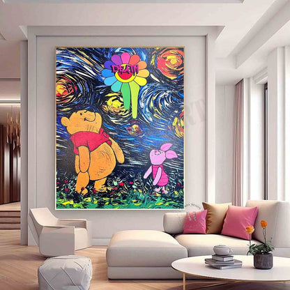 Van Gogh Starry Sky and Winnie the Pooh Abstract Graffiti Art Canvas Winnie the Pooh Pop Wall Art