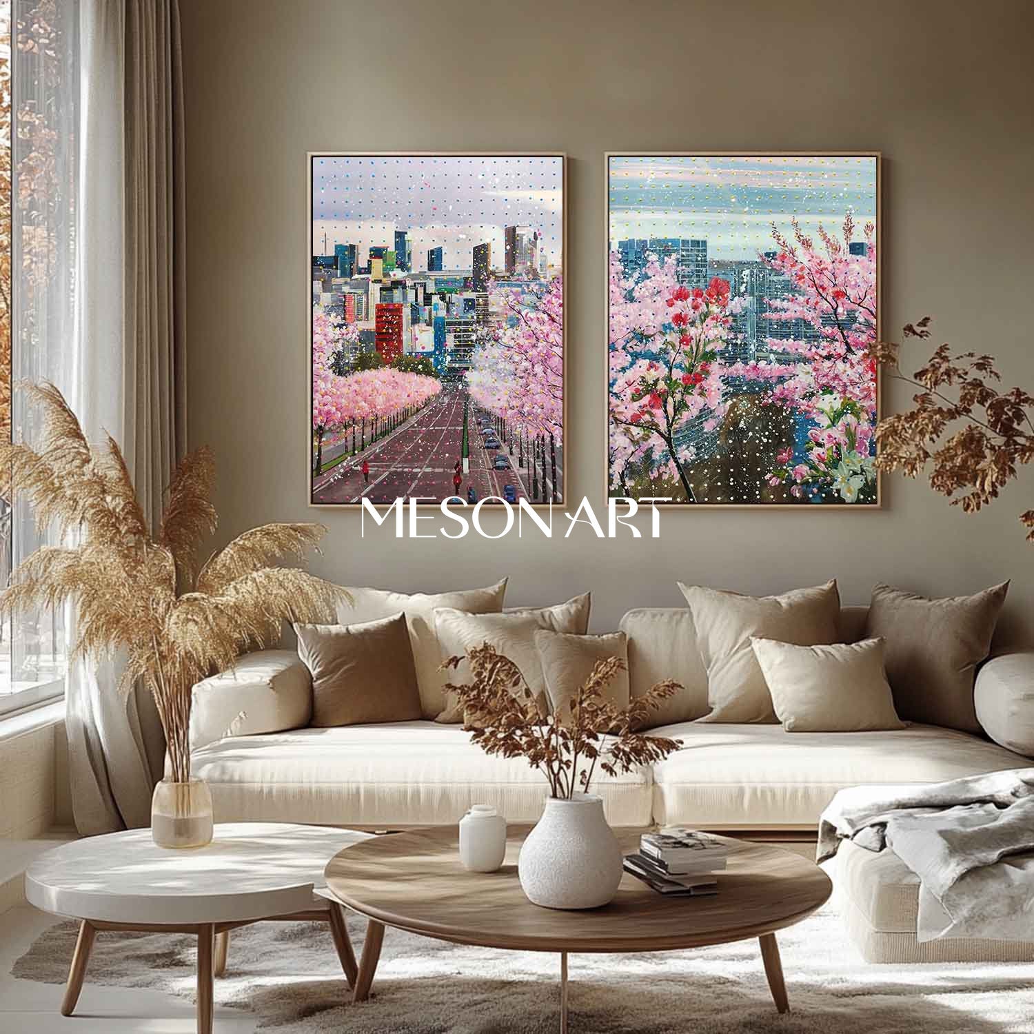 Cherry Blossom Cityscape Wall Art Set 2 Piece Modern Urban Canvas Painting for Home