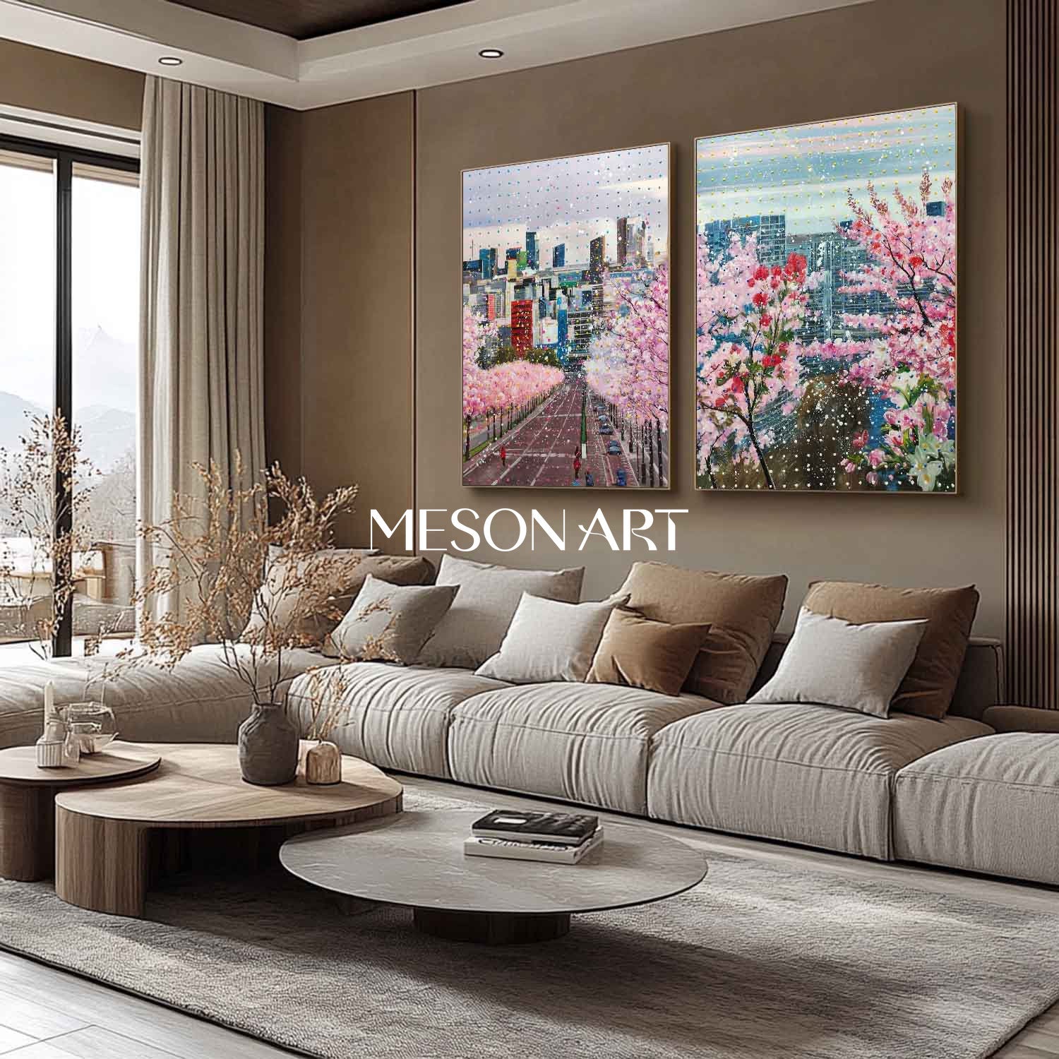 Cherry Blossom Cityscape Wall Art Set 2 Piece Modern Urban Canvas Painting for Home