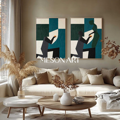 2-Piece Set Of 3D Textured Abstract Couple Proposal Oil Painting Geometric Plaster Canvas Wall Art for Modern Romantic Home Decor