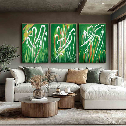 Large Modern Green Abstract Lines Canvas Paintings 3-Piece Set Green Abstract Minimalist Lines Wall Art