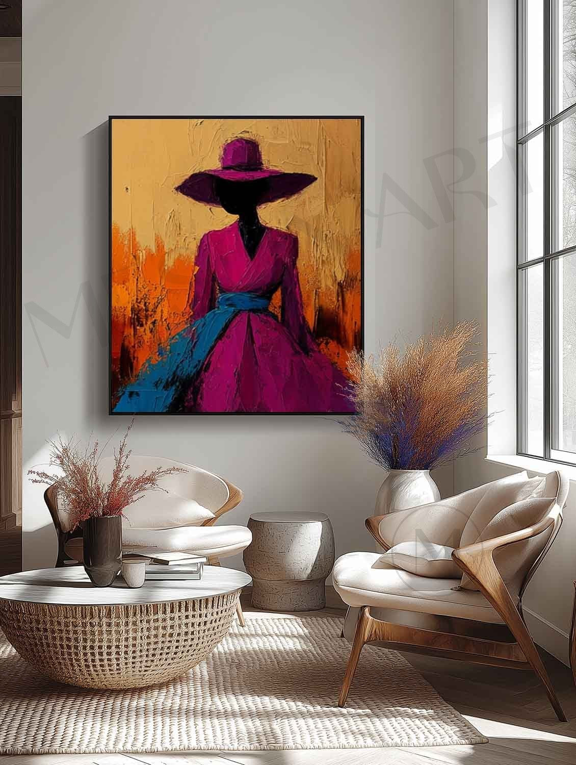 Large Modern Female Abstract Canvas Art Contemporary Palette Abstract Girl Wearing Hat Wall Art
